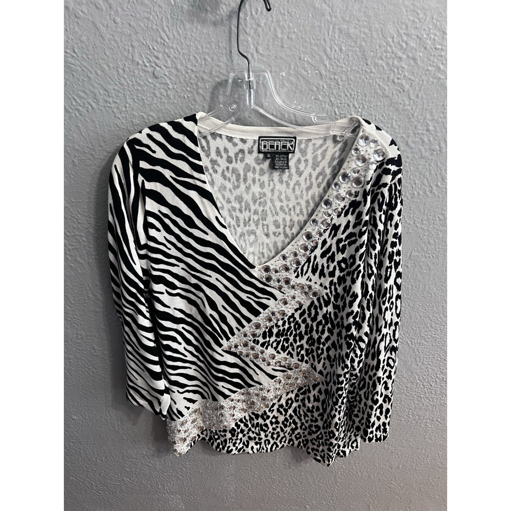 Berek Black White Zebra Animal‎ Print Sweater  V Neck Women's Size XL 3/4 Sleeve
